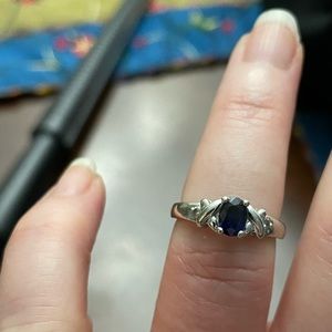 14k white gold- sapphire with diamond accent ring- Sz 6
